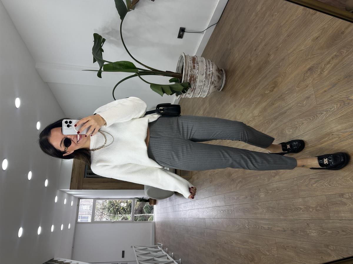 Yüksek Bel Çizgili Flatolu Pantolon - Gri