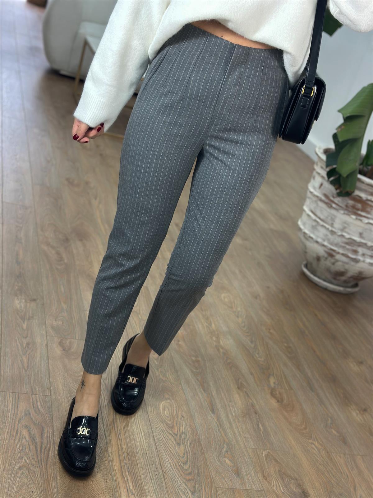 Yüksek Bel Çizgili Flatolu Pantolon - Gri