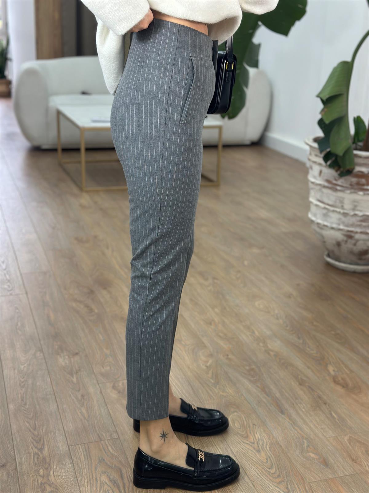 Yüksek Bel Çizgili Flatolu Pantolon - Gri