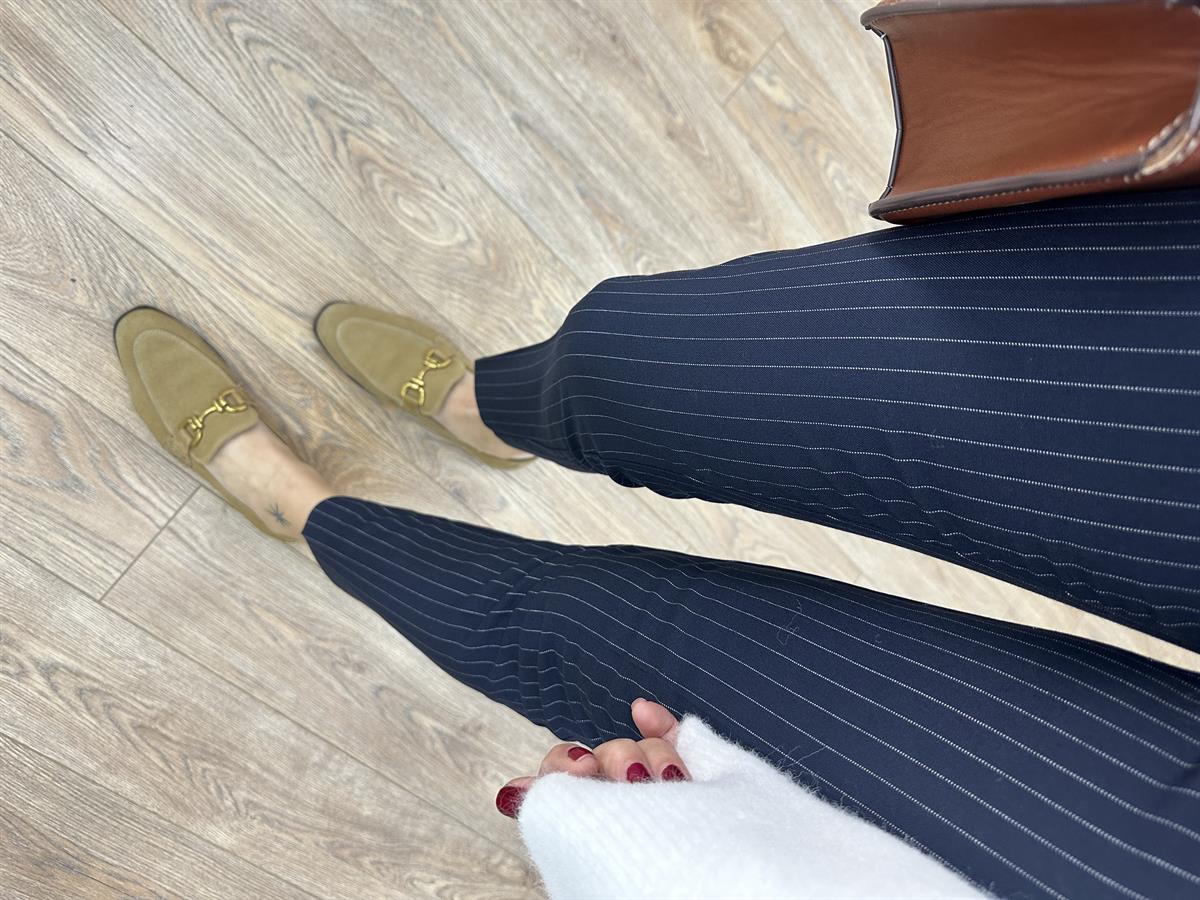 Yüksek Bel Çizgili Flatolu Pantolon - Lacivert