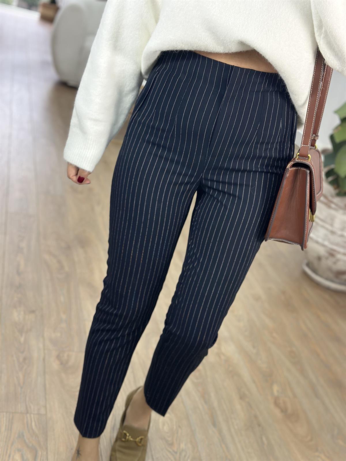 Yüksek Bel Çizgili Flatolu Pantolon - Lacivert