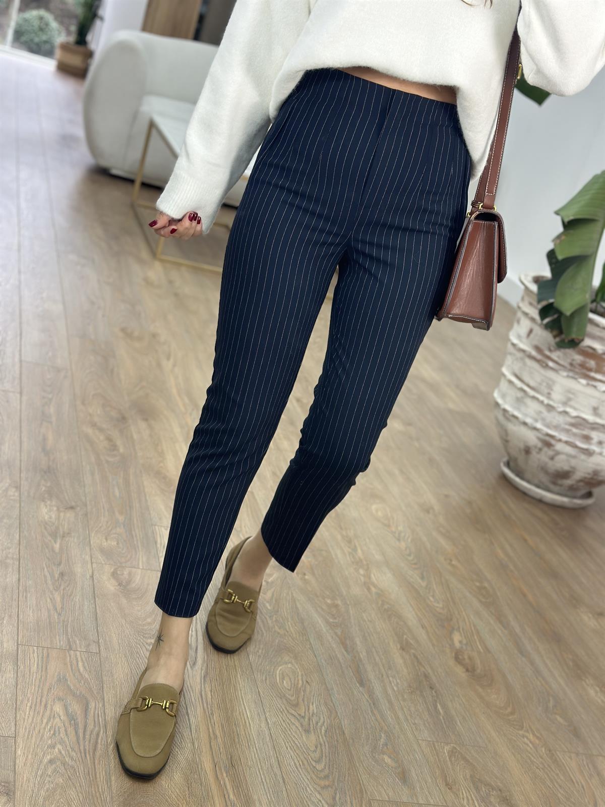 Yüksek Bel Çizgili Flatolu Pantolon - Lacivert
