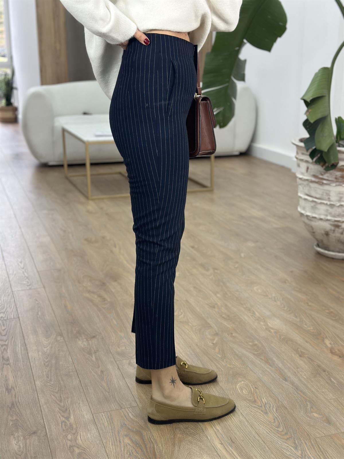 Yüksek Bel Çizgili Flatolu Pantolon - Lacivert