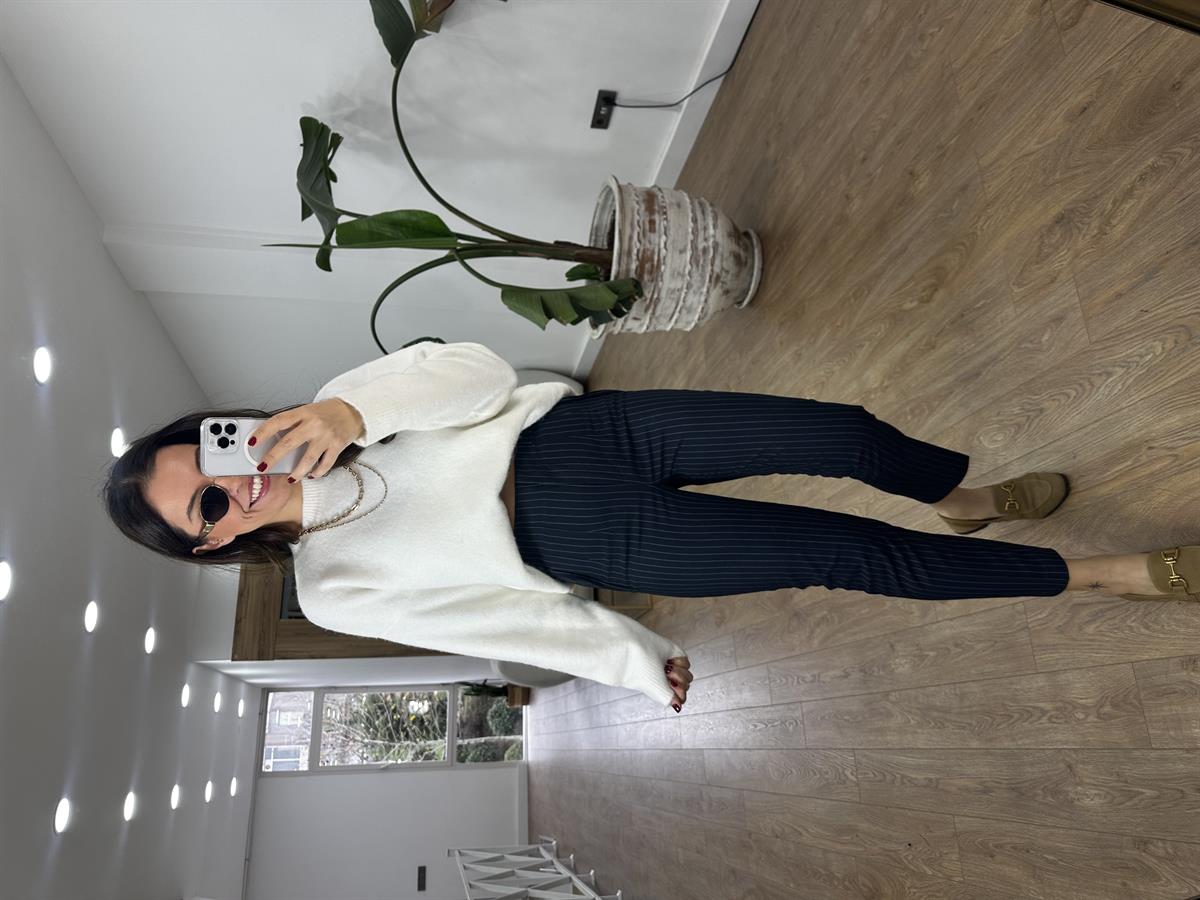 Yüksek Bel Çizgili Flatolu Pantolon - Lacivert