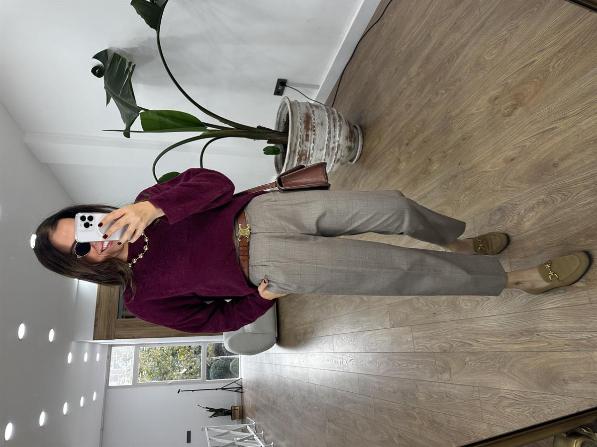 Yüksek Bel Ekoseli Havuç Pantolon - Vizon