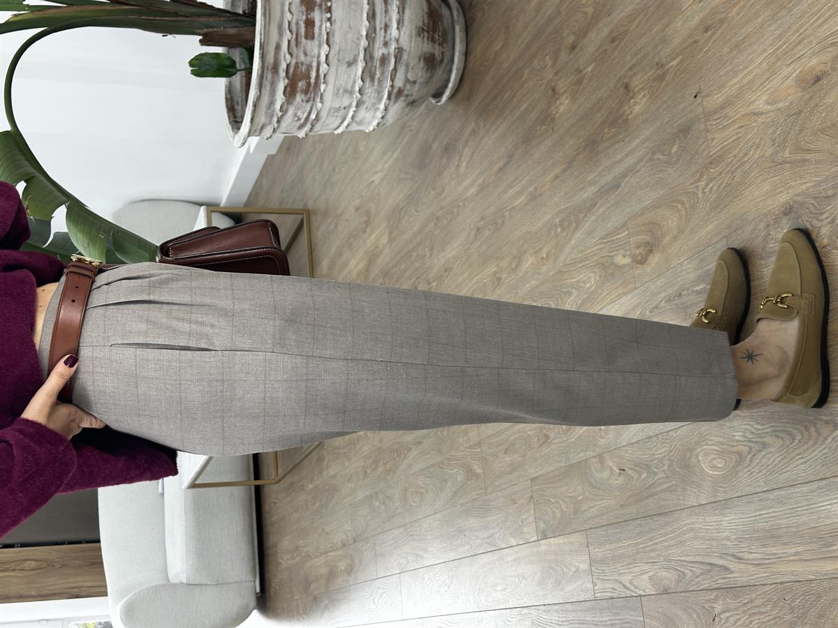 Yüksek Bel Ekoseli Havuç Pantolon - Vizon