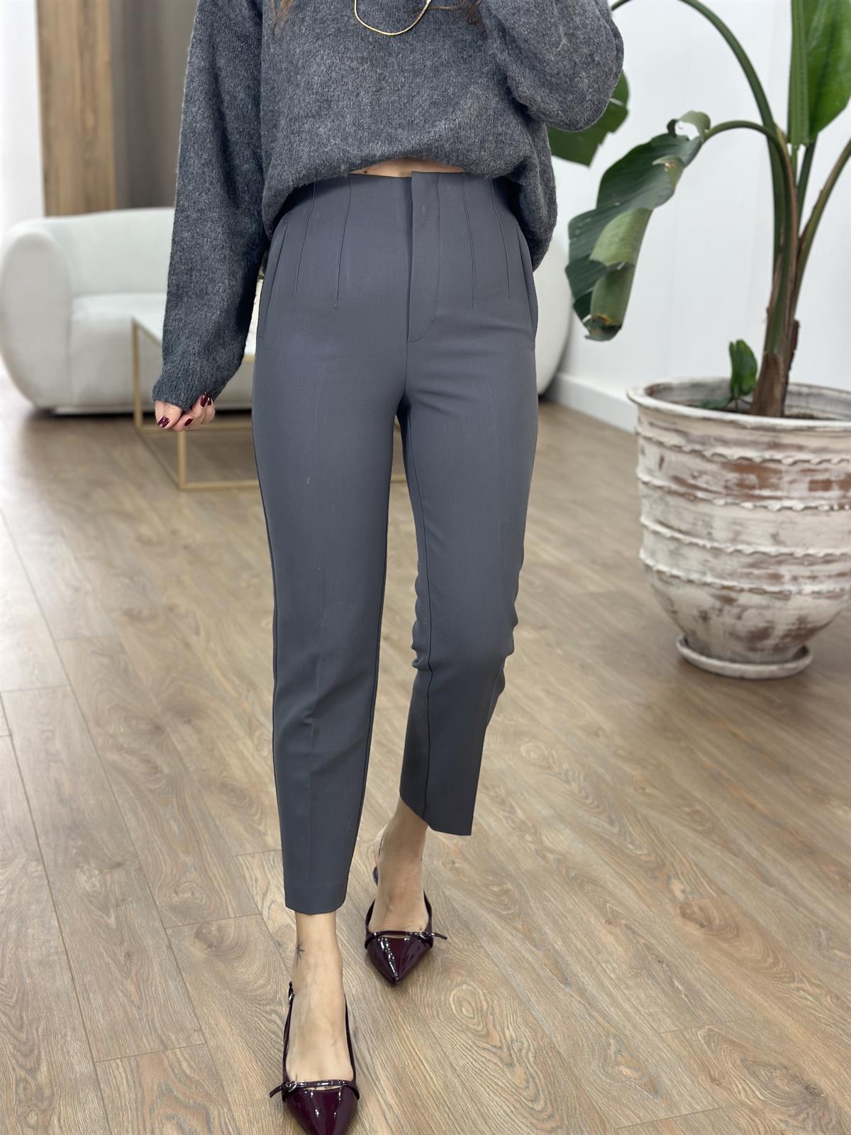 Yüksek Bel Flatolu Pantolon - Gri