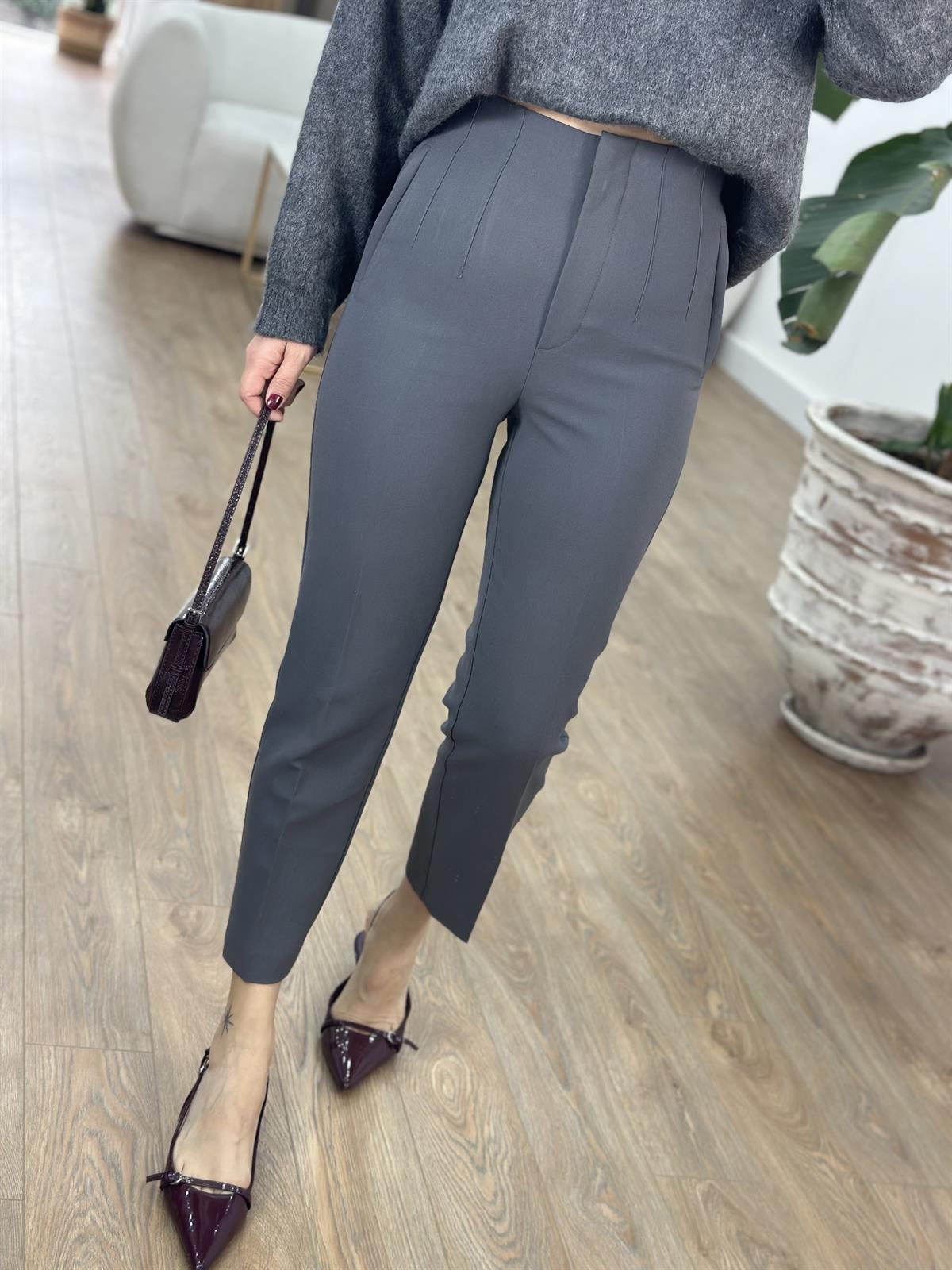 Yüksek Bel Flatolu Pantolon - Gri