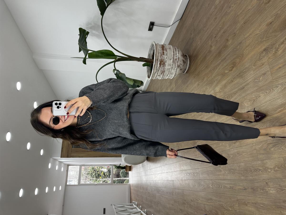 Yüksek Bel Flatolu Pantolon - Gri