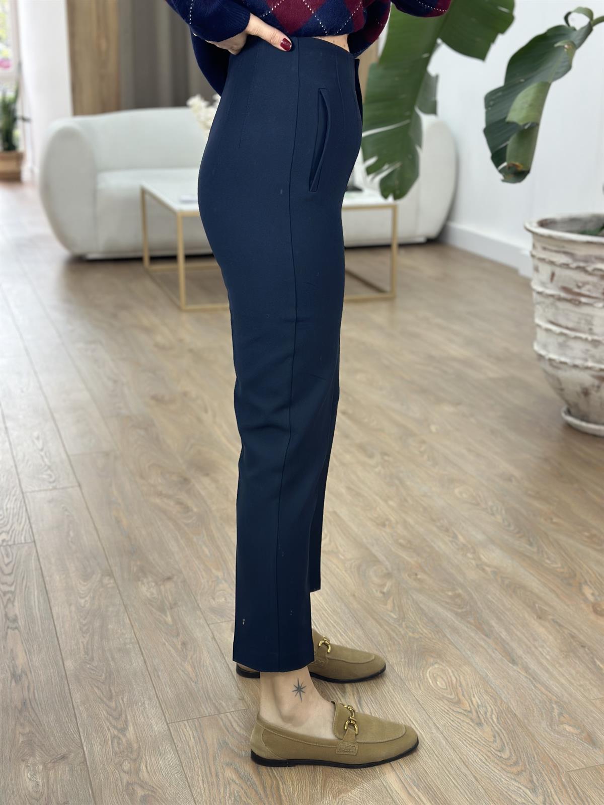 Yüksek Bel Flatolu Pantolon - Lacivert