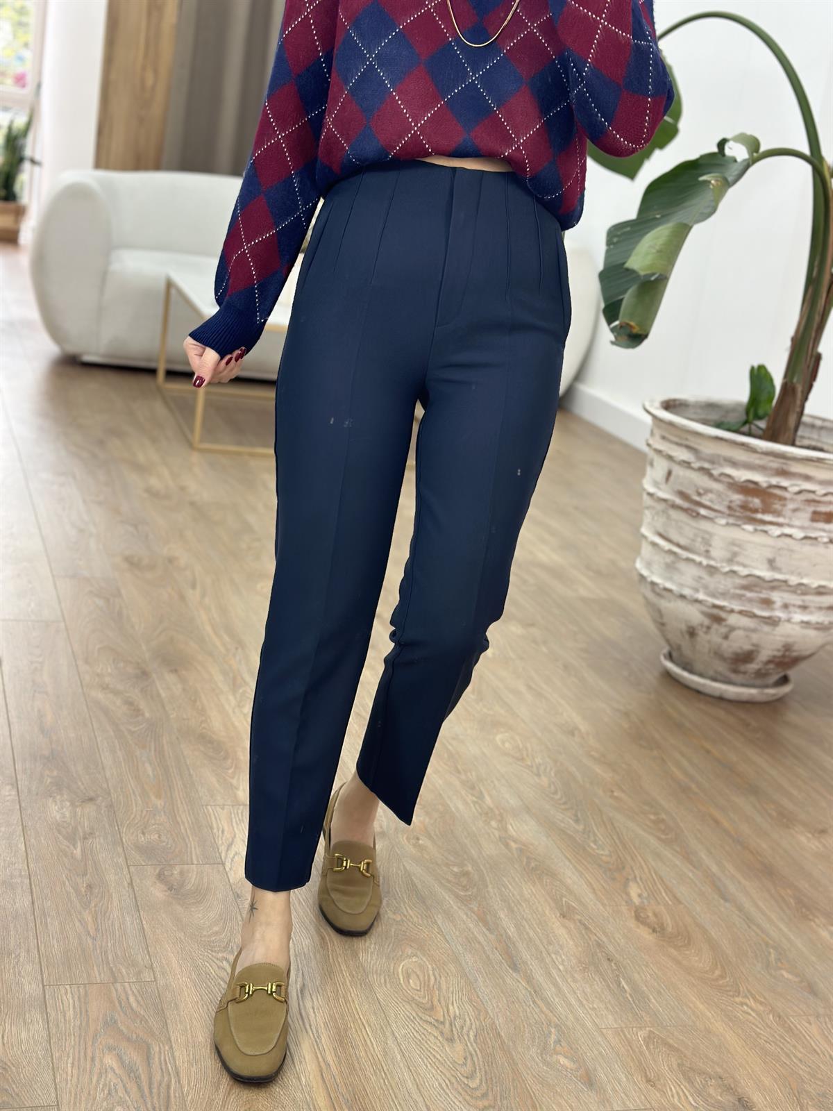 Yüksek Bel Flatolu Pantolon - Lacivert