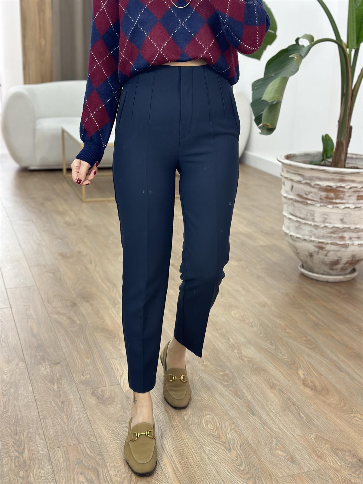 Yüksek Bel Flatolu Pantolon - Lacivert