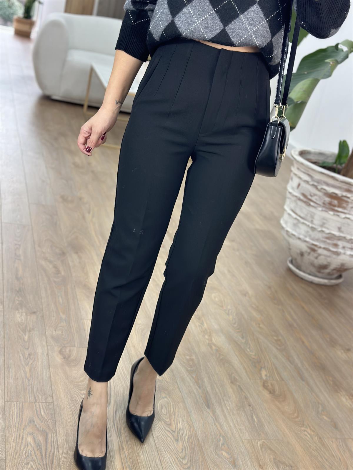 Yüksek Bel Flatolu Pantolon - Siyah