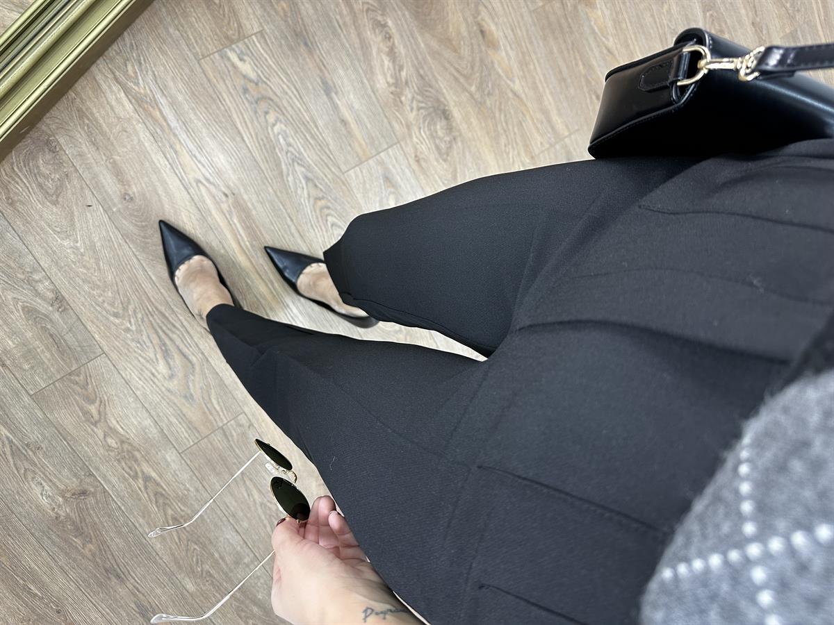 Yüksek Bel Flatolu Pantolon - Siyah