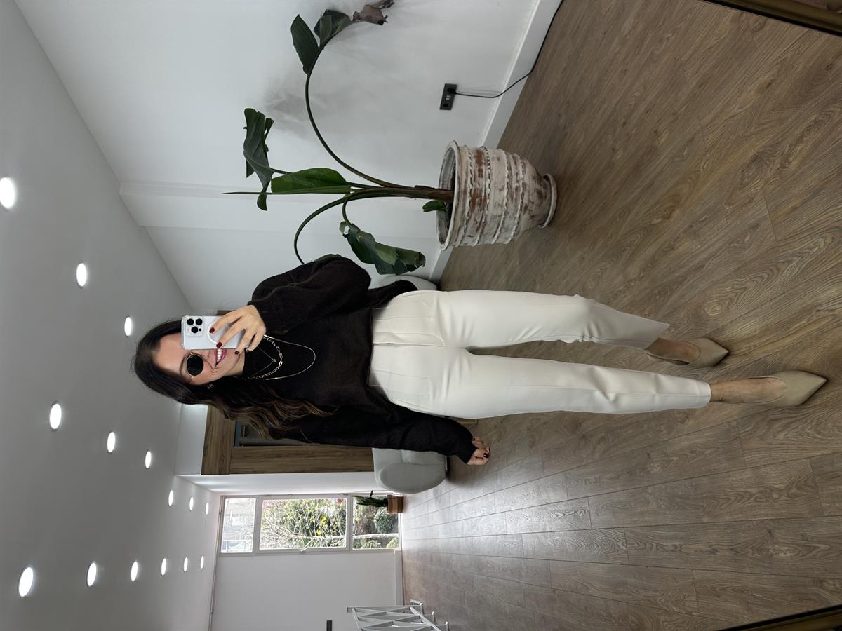 Yüksek Bel Flatolu Pantolon - Taş