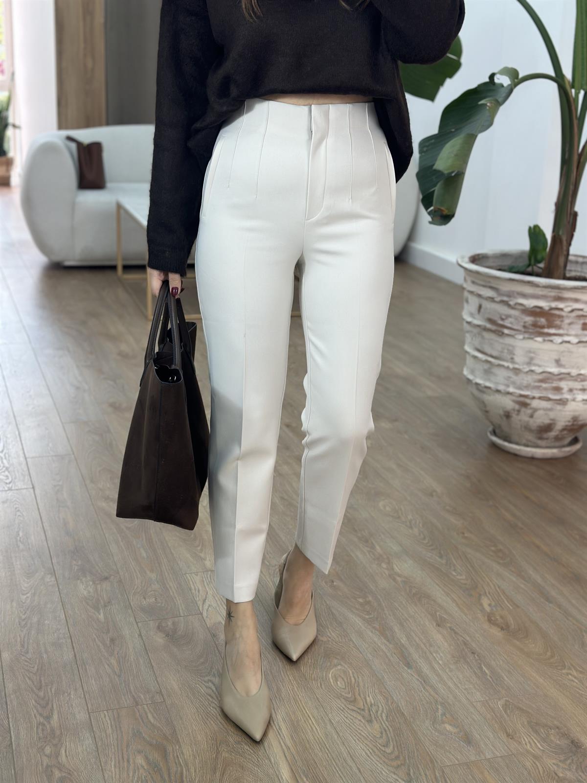 Yüksek Bel Flatolu Pantolon - Taş