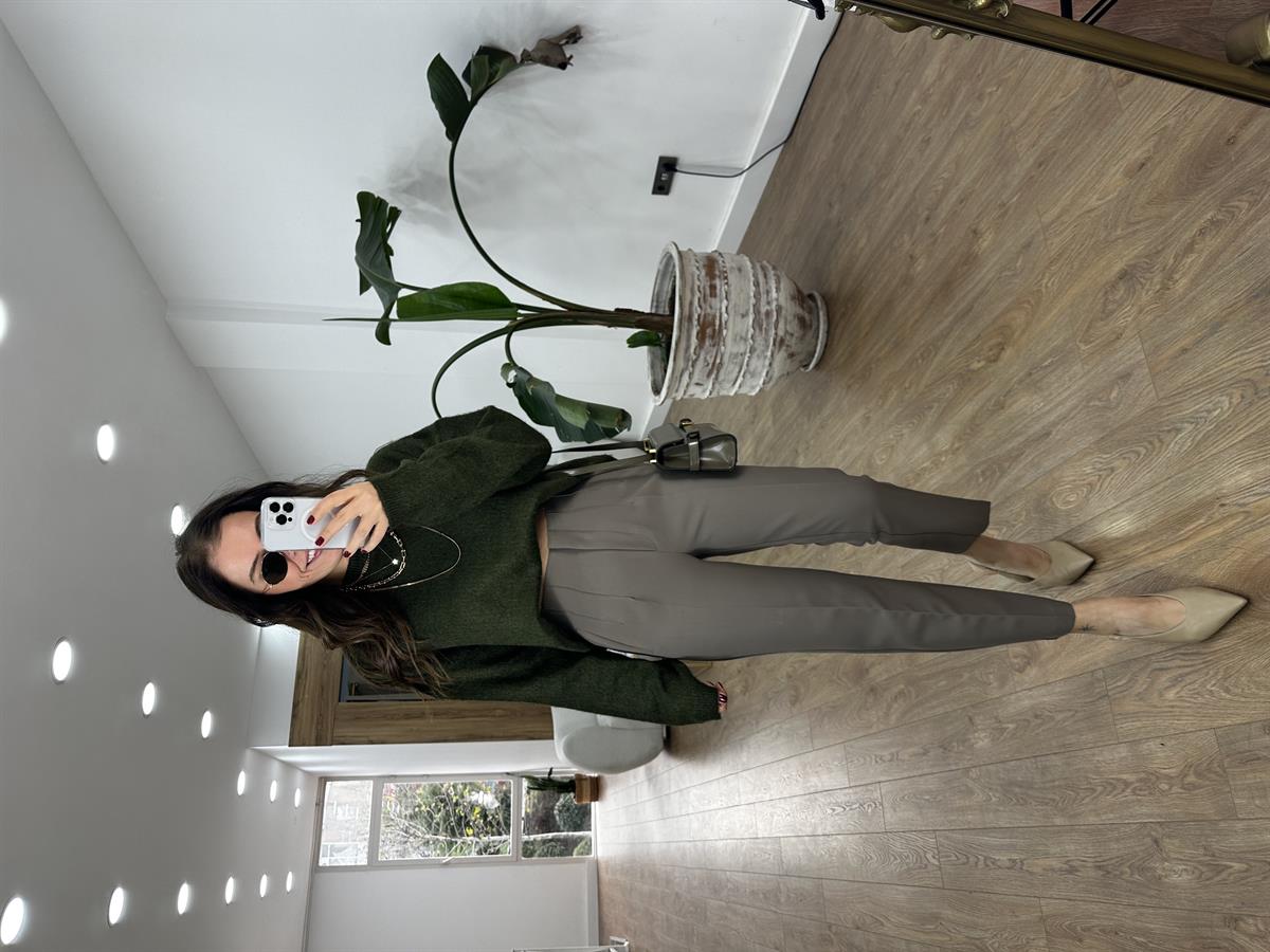 Yüksek Bel Flatolu Pantolon - Vizon