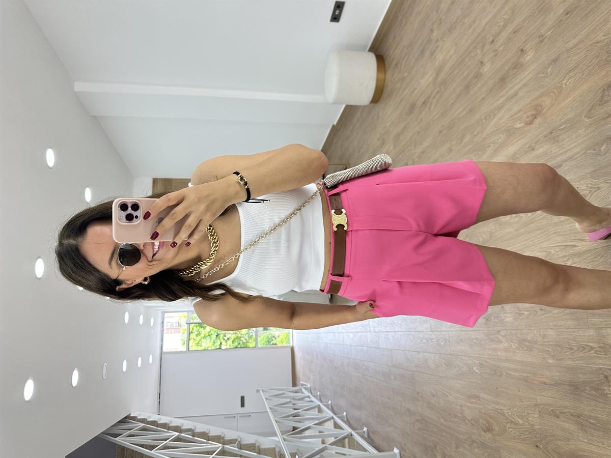 Yüksek Bel Krep Kumaş Cepli Şort-Fuşya