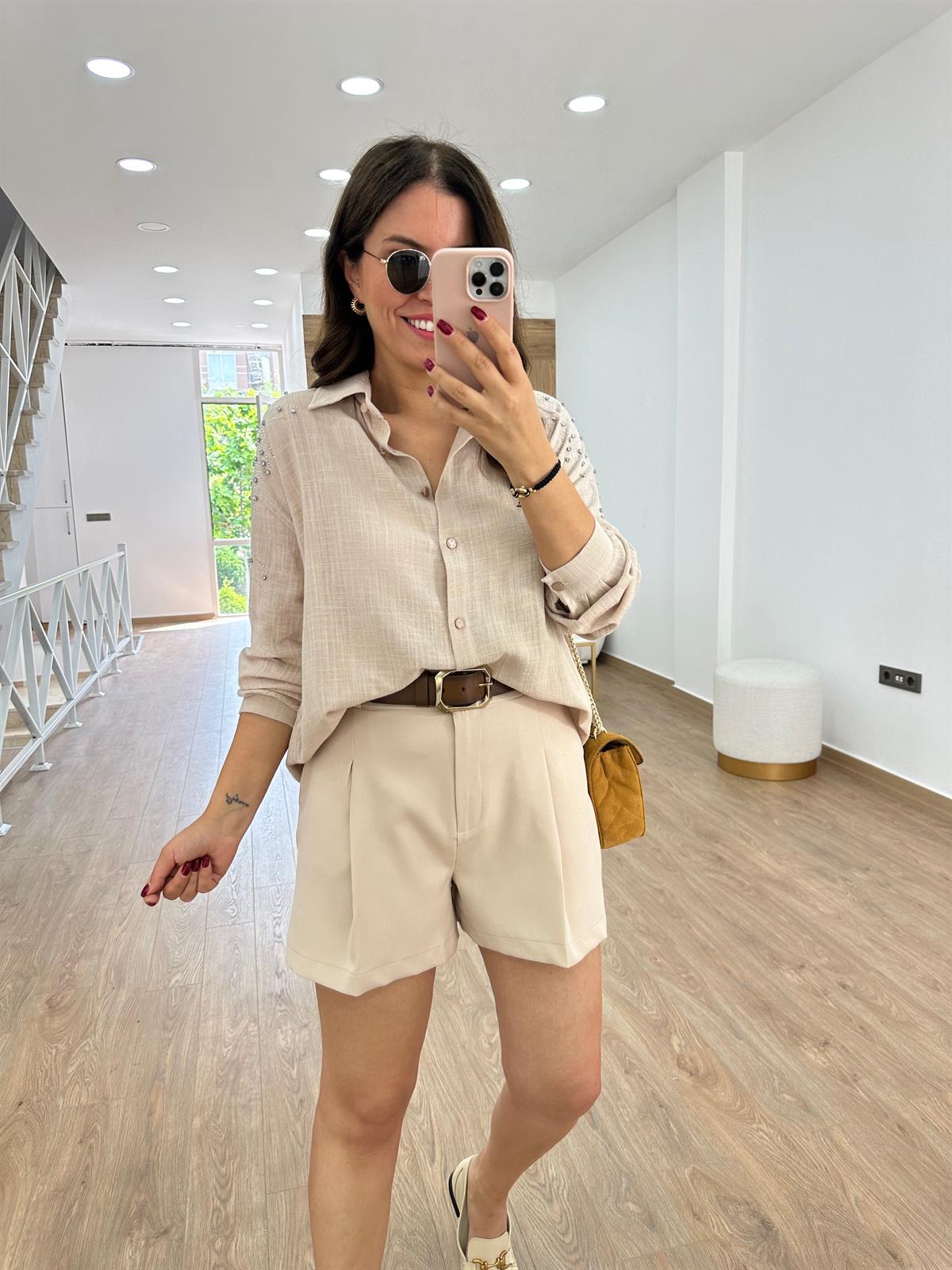 Yüksek Bel Krep Kumaş Cepli Şort-Taş