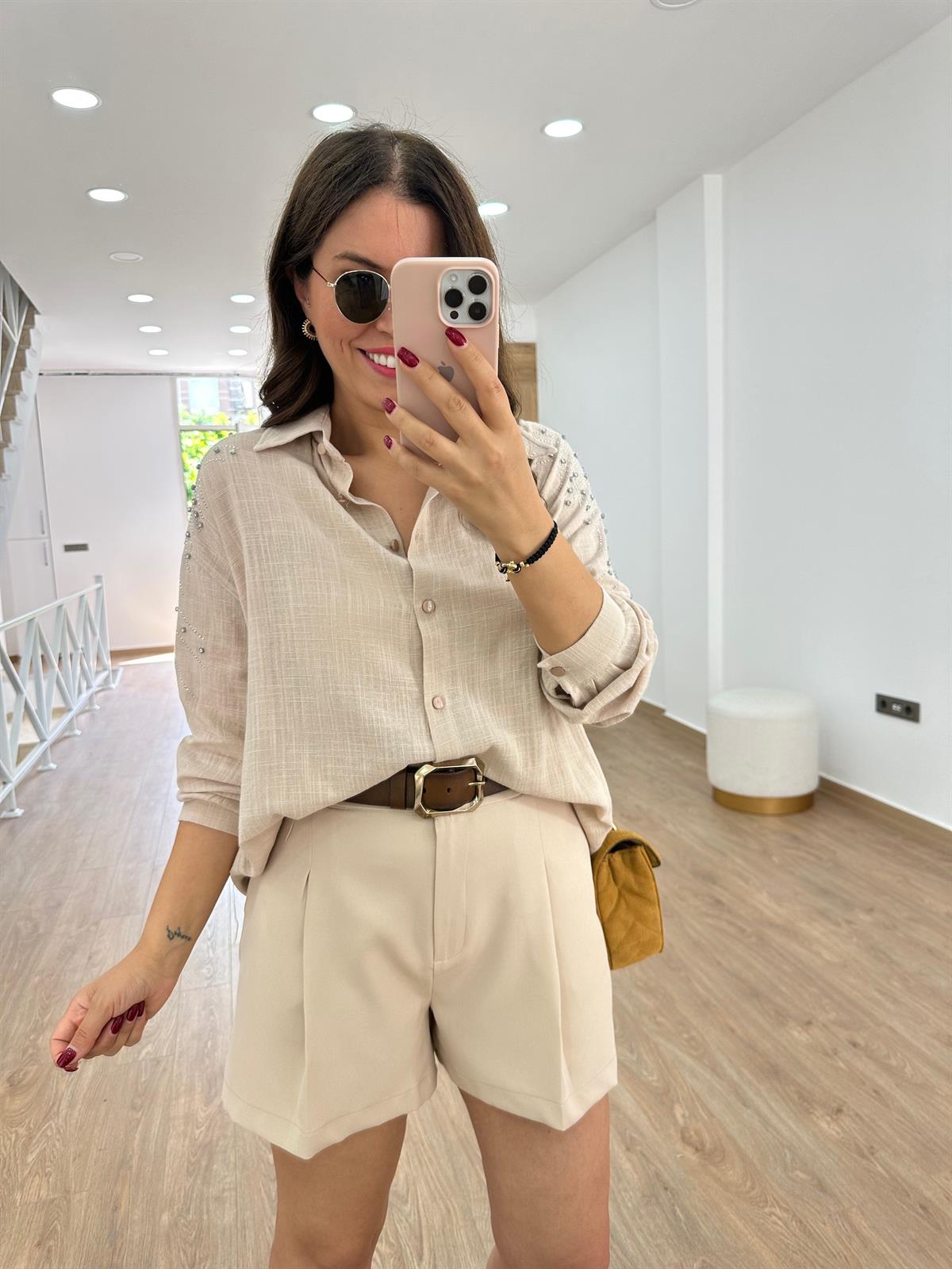 Yüksek Bel Krep Kumaş Cepli Şort-Taş