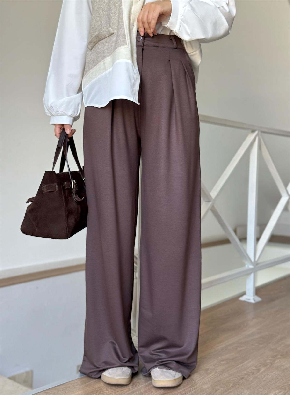 Yüksek Bel Modal Palazzo Pantolon - Kahverengi