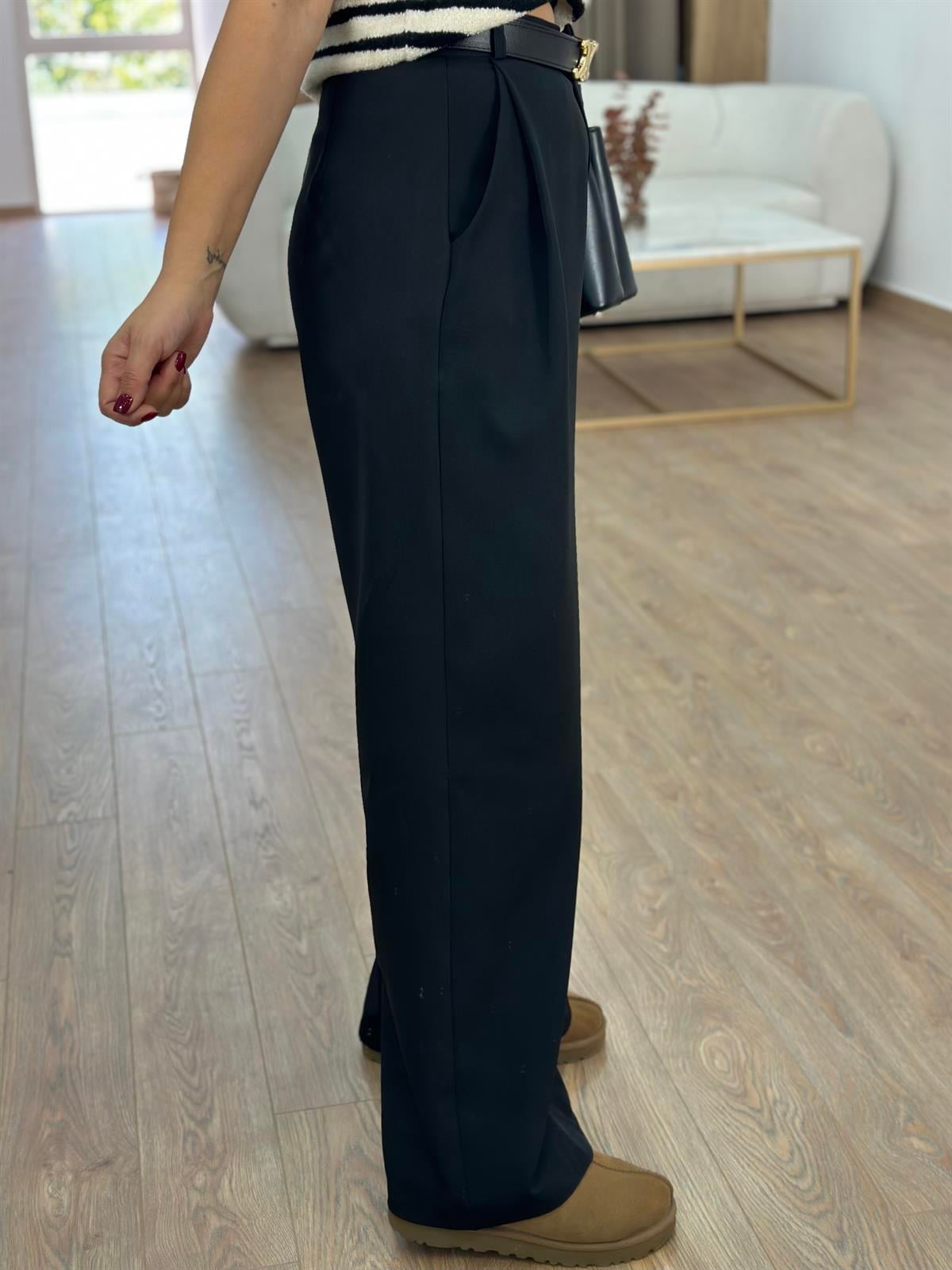 Yüksek Bel Tek Pileli Palazzo Pantolon-Siyah