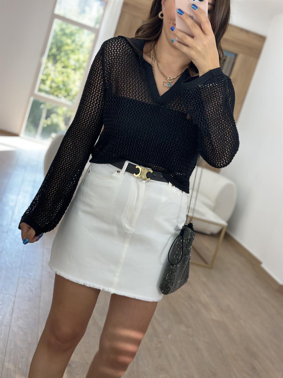 Yüksel Bel Denim Etek - Ekru