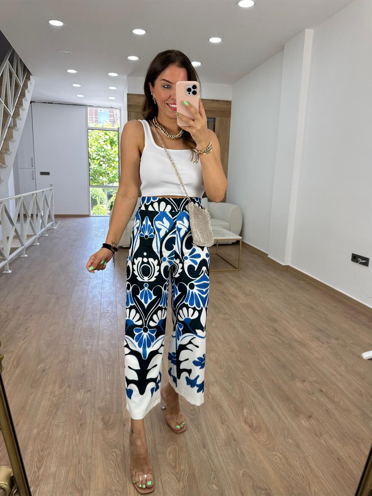 Yüksel Bel Etnik Desen Bol Paça Pantolon-Mavi