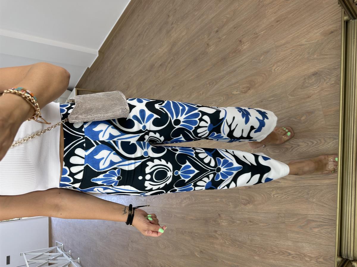 Yüksel Bel Etnik Desen Bol Paça Pantolon-Mavi