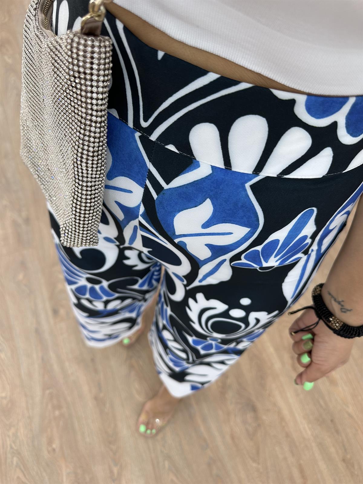 Yüksel Bel Etnik Desen Bol Paça Pantolon-Mavi