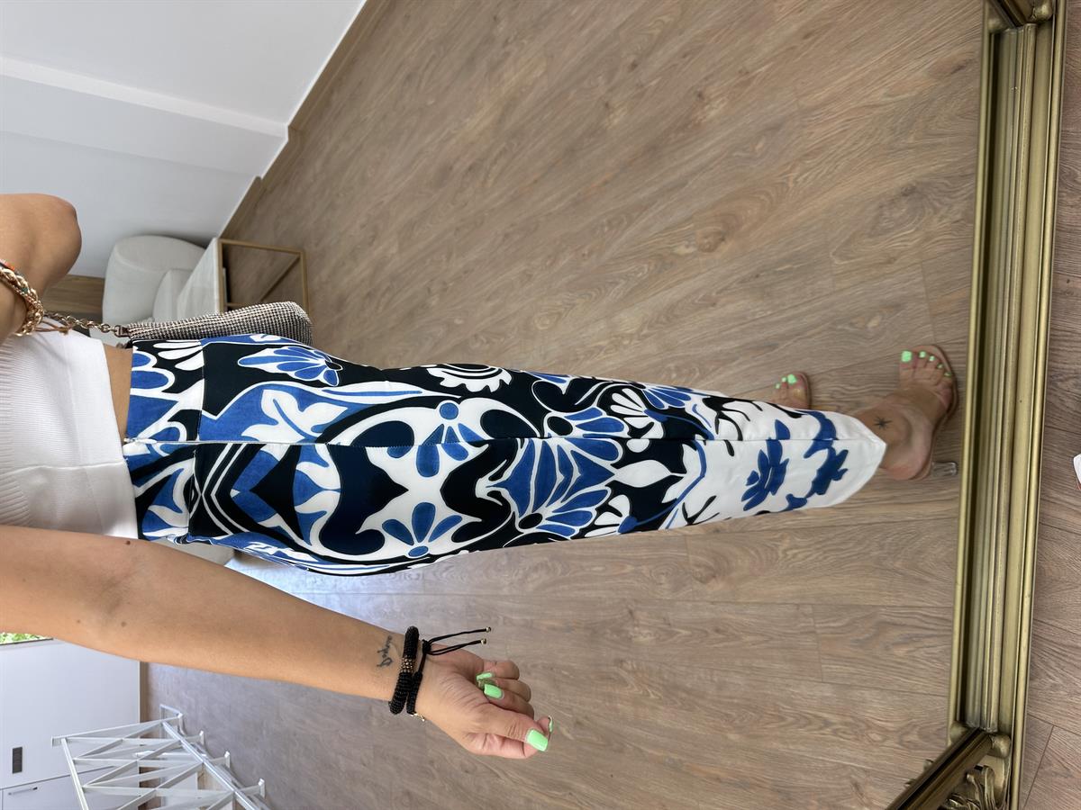 Yüksel Bel Etnik Desen Bol Paça Pantolon-Mavi