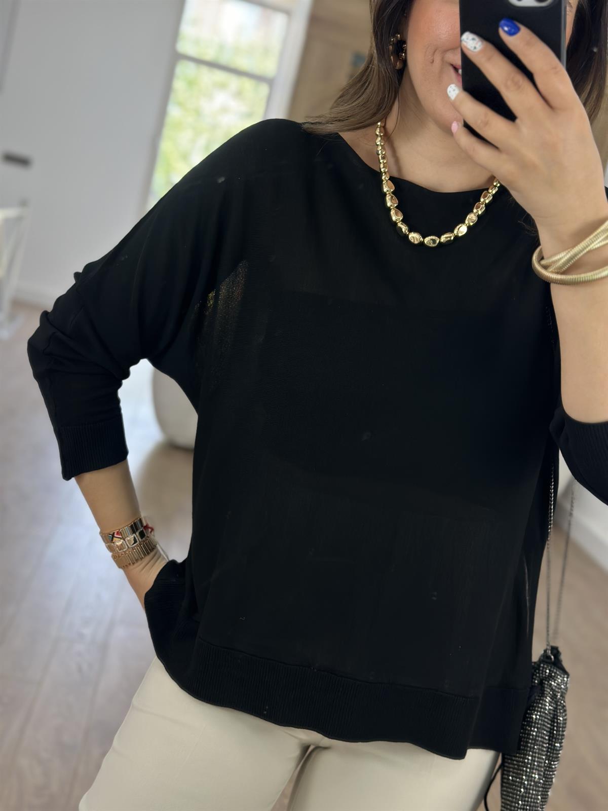 Yumuşacık Yanı Yırtmaçlı Merserize Triko-Siyah