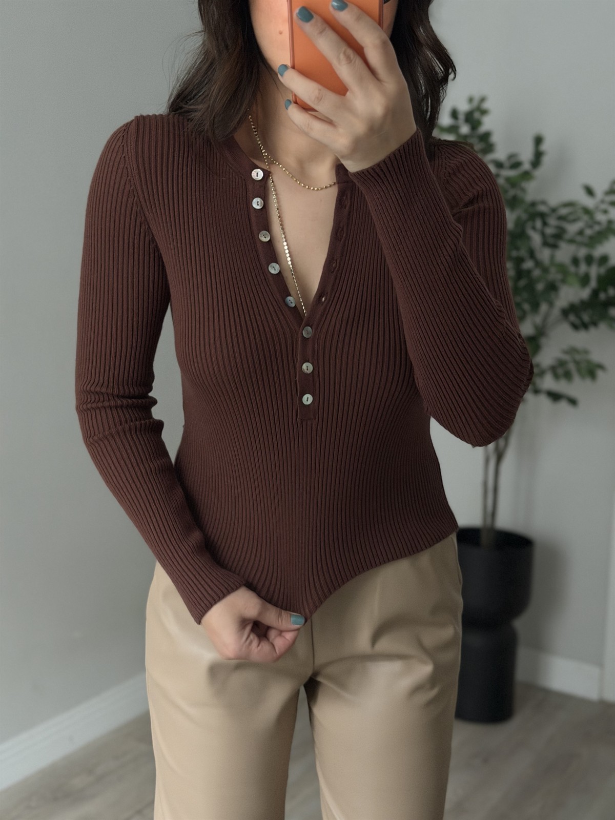 Yumuşak Dokulu Likralı Fitilli Triko - Kahve