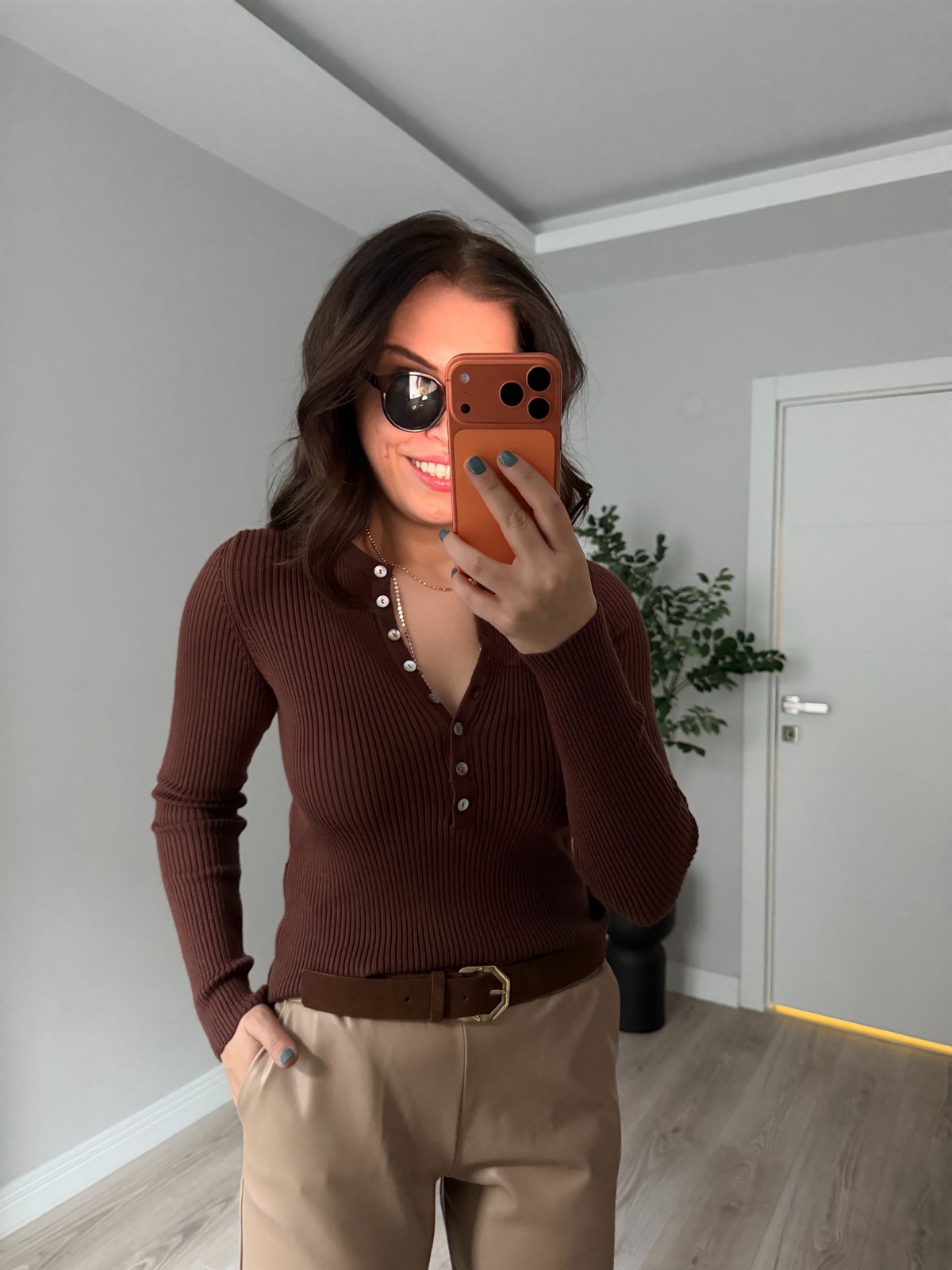 Yumuşak Dokulu Likralı Fitilli Triko - Kahve