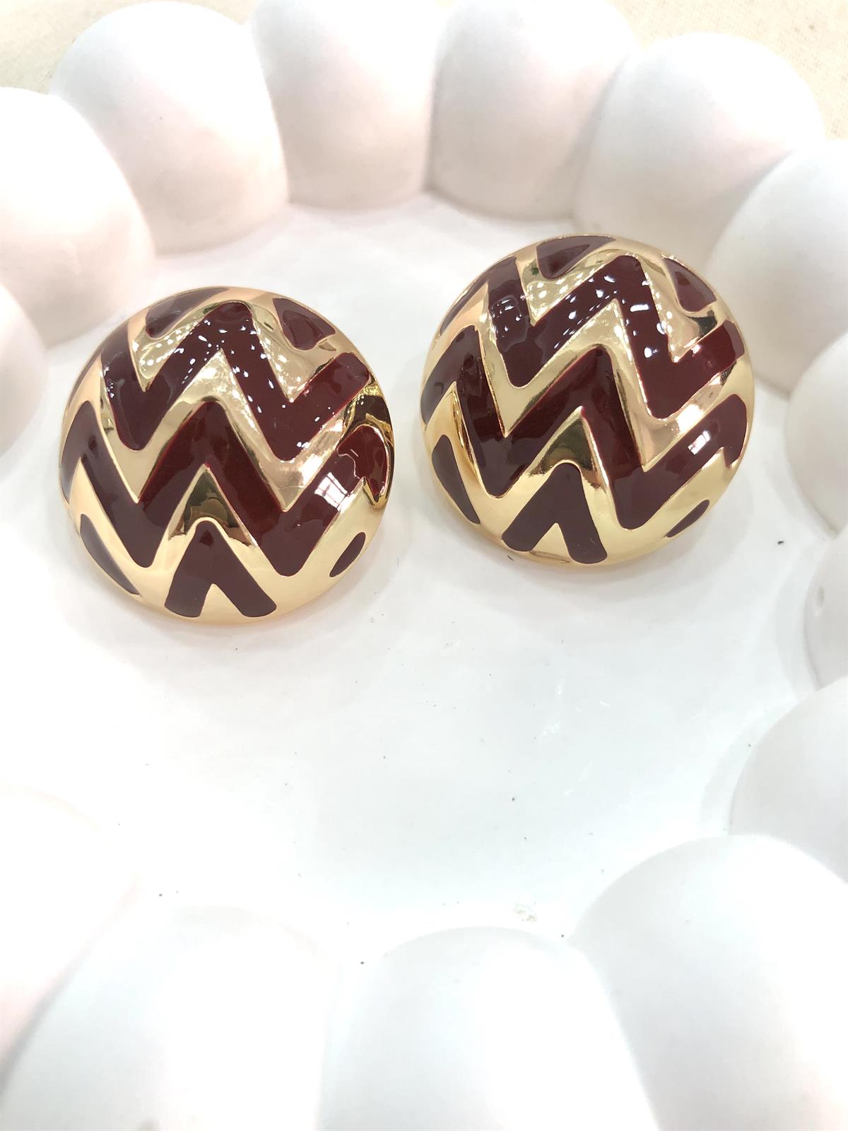 Yuvarlak Gold Çizgili Yarım Top Bordo Küpe