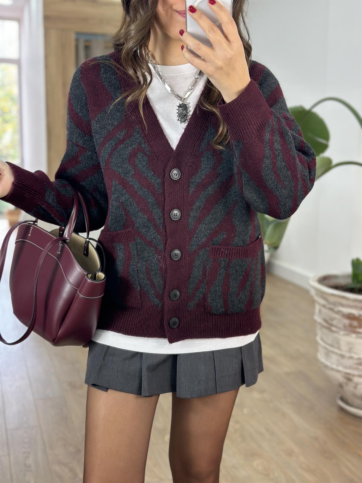 Zebra Desen Hırka - Bordo