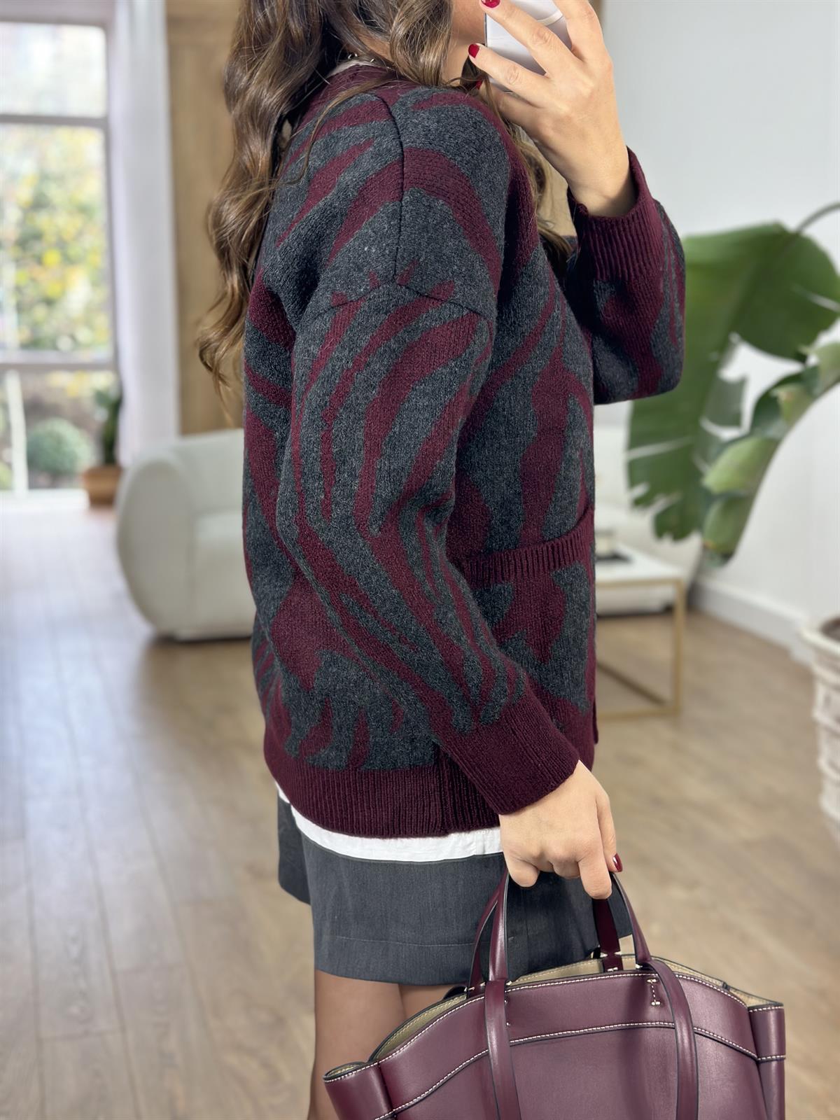 Zebra Desen Hırka - Bordo