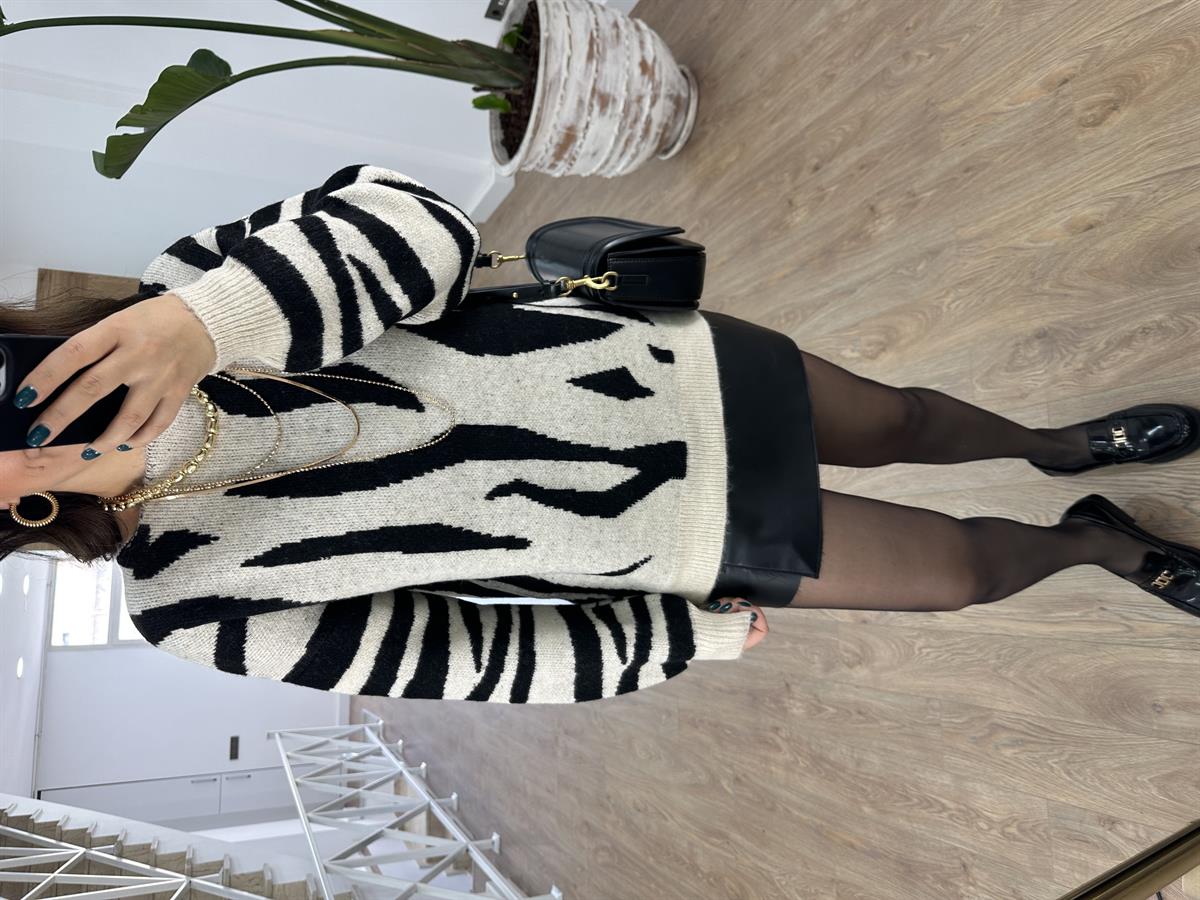 Zebra Desen Kayık Yaka Kazak-Taş