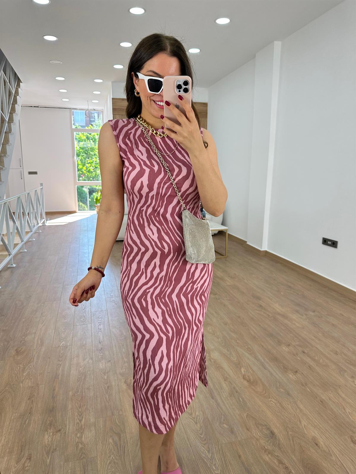 Zebra Desen Likralı Elbise-Pembe