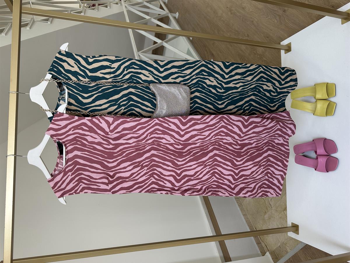 Zebra Desen Likralı Elbise-Pembe