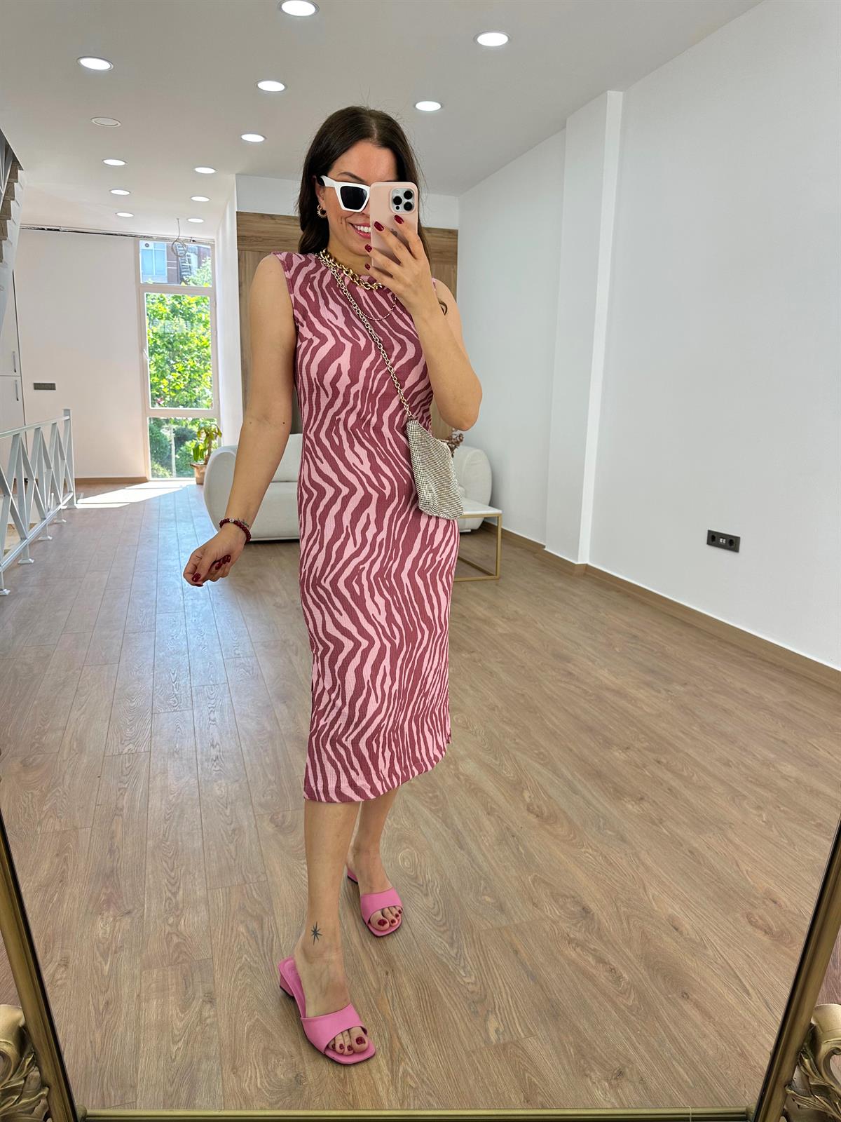 Zebra Desen Likralı Elbise-Pembe