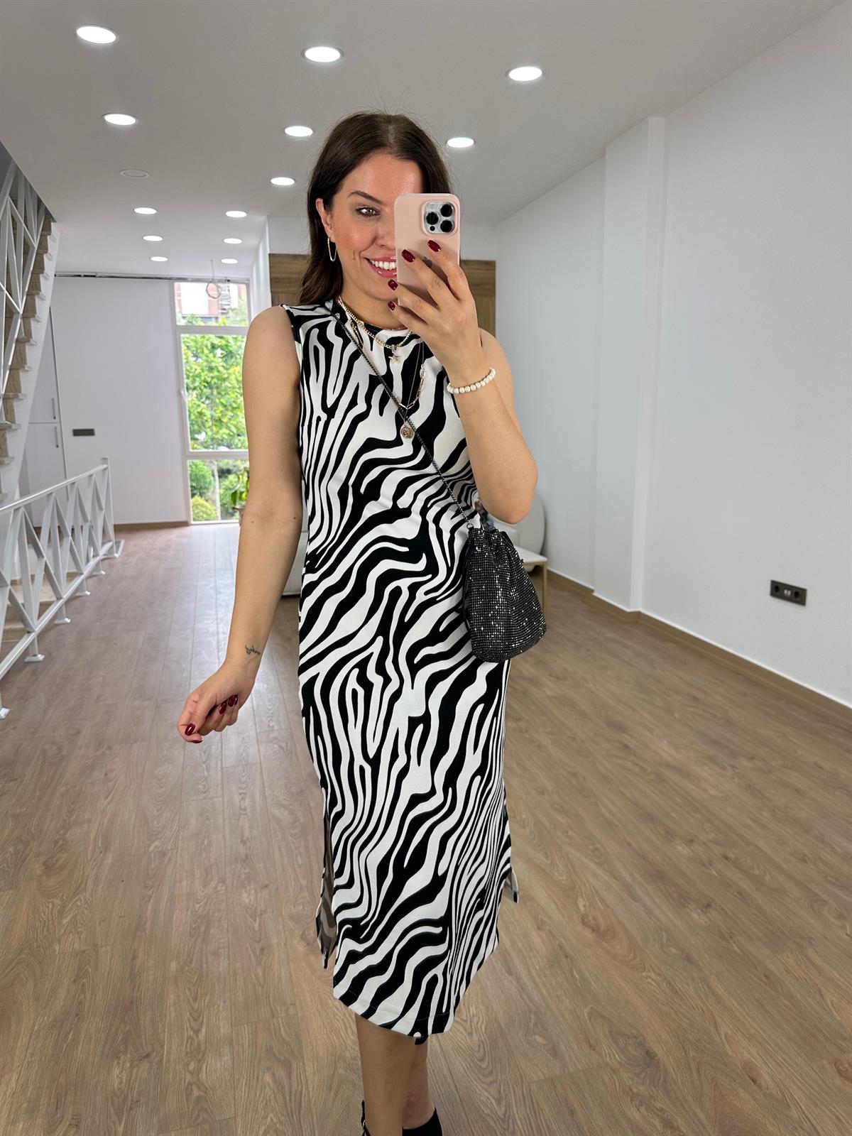 Zebra Desen Likralı Elbise-Siyah