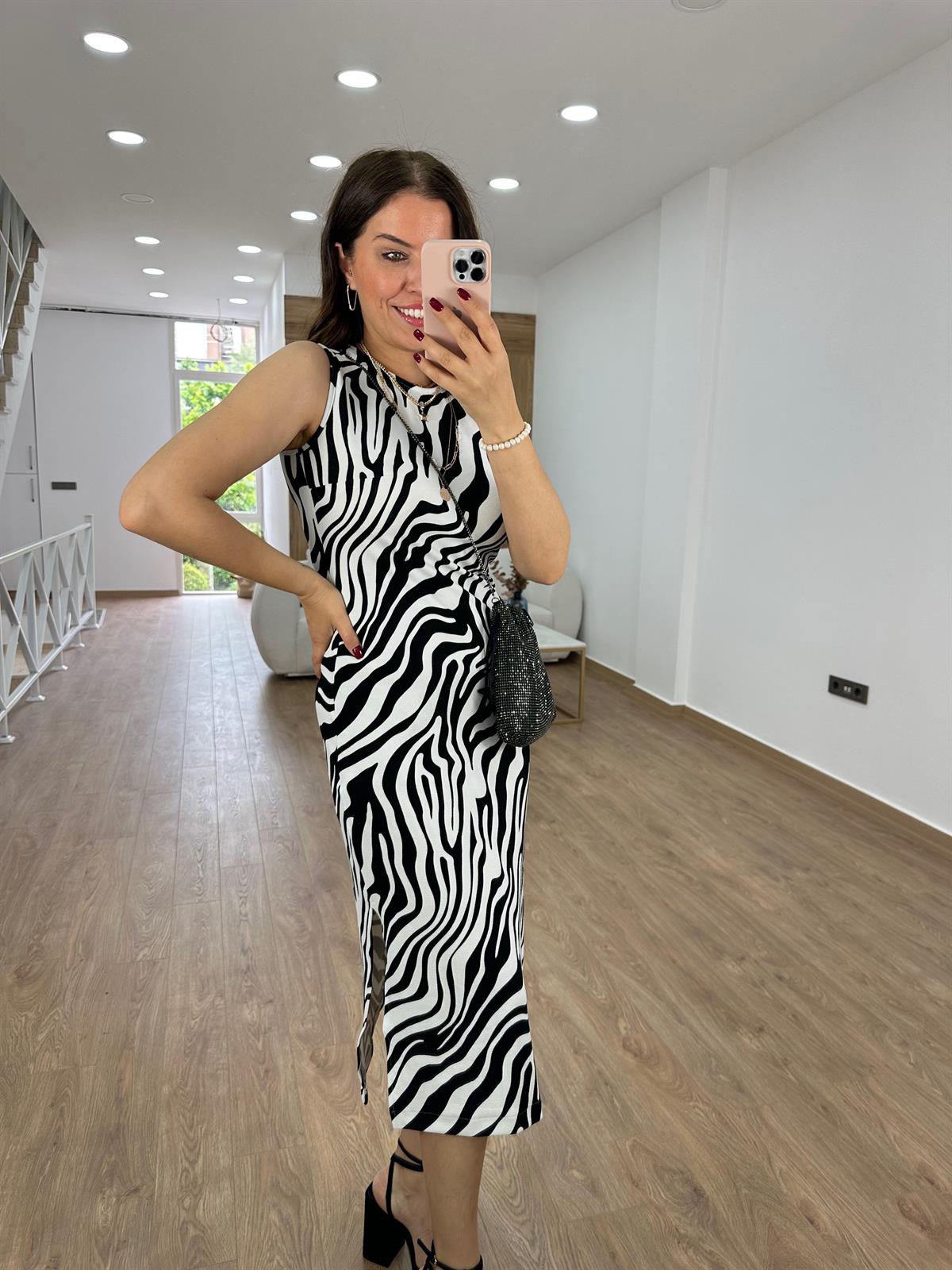 Zebra Desen Likralı Elbise-Siyah