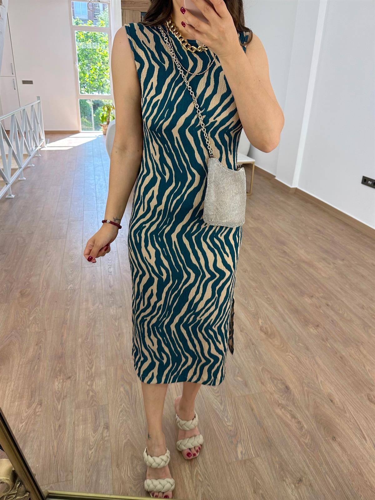 Zebra Desen Likralı Elbise-Yeşil