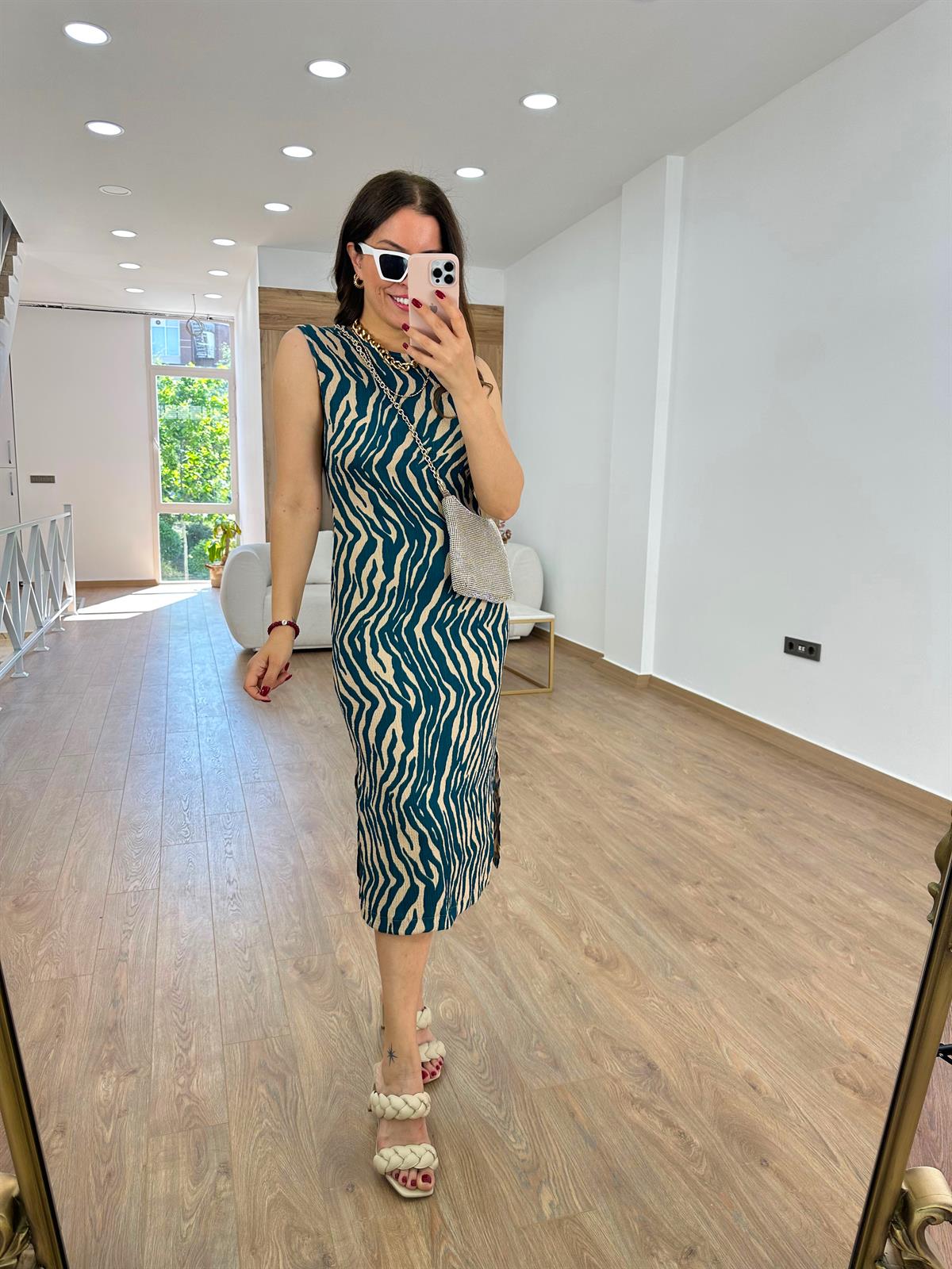 Zebra Desen Likralı Elbise-Yeşil