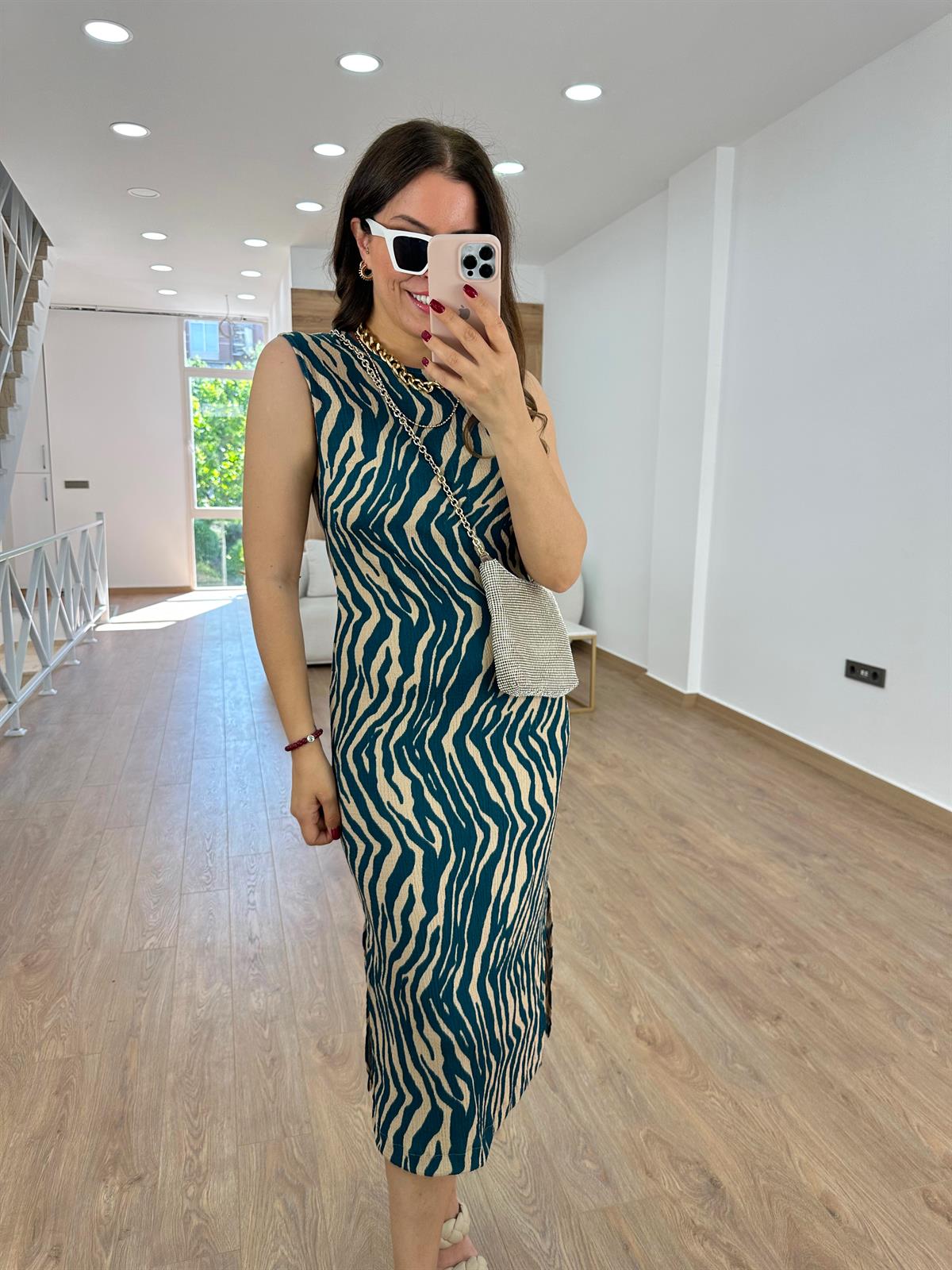 Zebra Desen Likralı Elbise-Yeşil