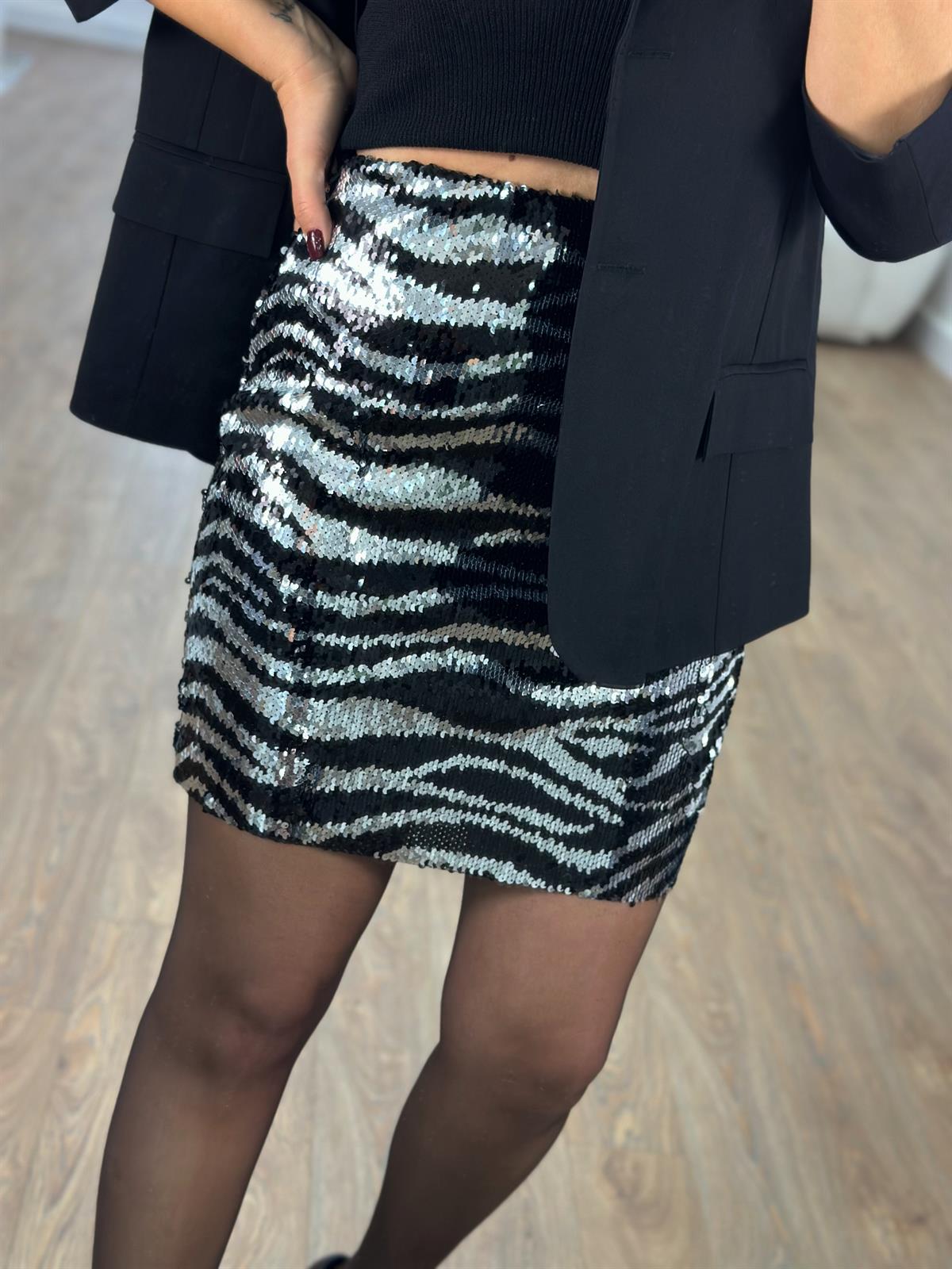 Zebra Desen Likralı Payet Etek