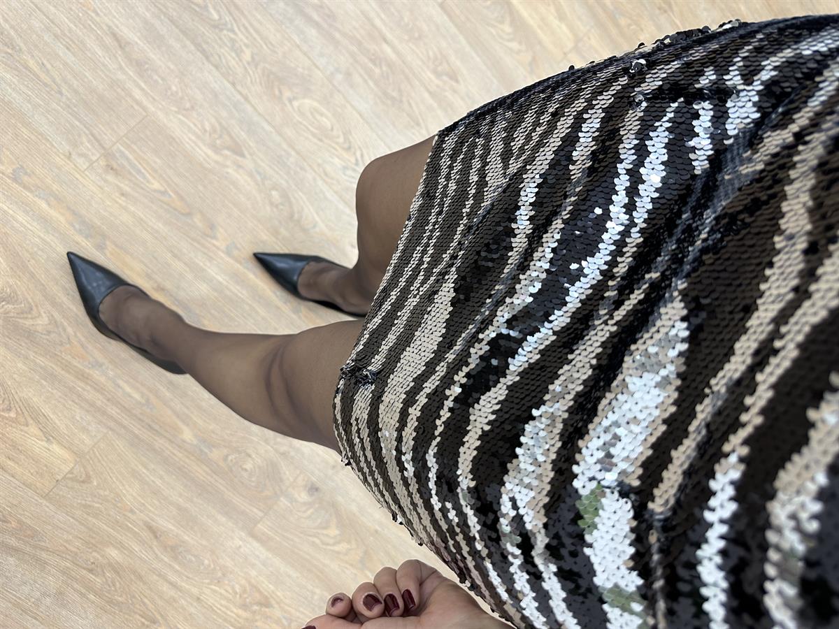 Zebra Desen Likralı Payet Etek