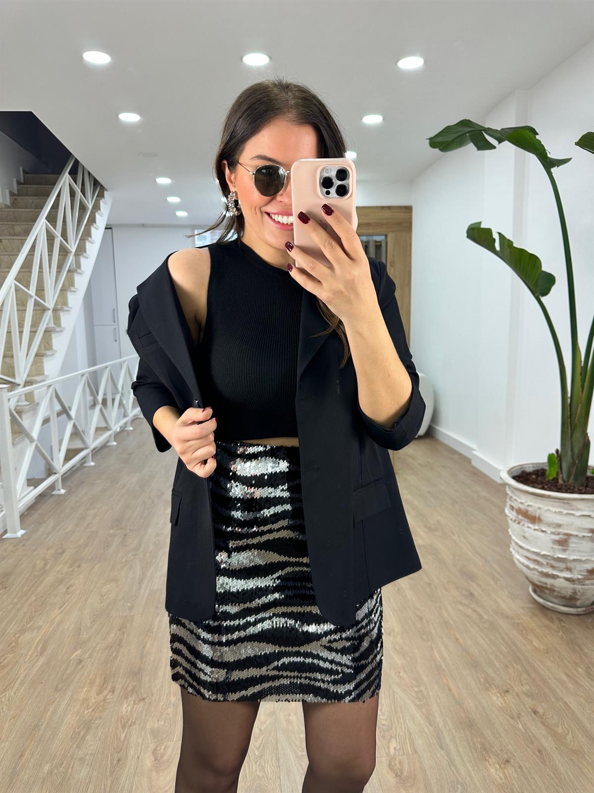 Zebra Desen Likralı Payet Etek