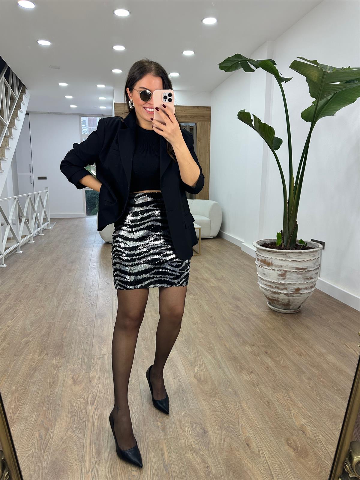 Zebra Desen Likralı Payet Etek